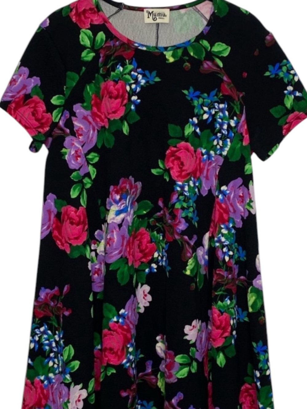 Show Me Your Mumu Black Floral Baby Doll Swing Dress Pink & Green Roses SZ M EUC